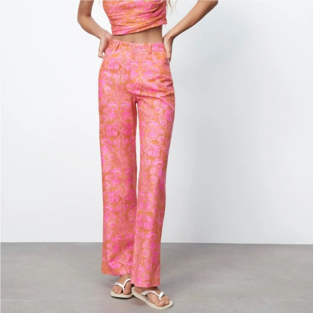 Zara Beachy Summer linen blend Straight Leg pants 28×32